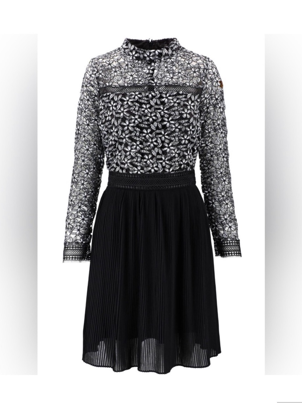 Alexia Admor Black Floral Lace Long Sleeve Pleated Dress